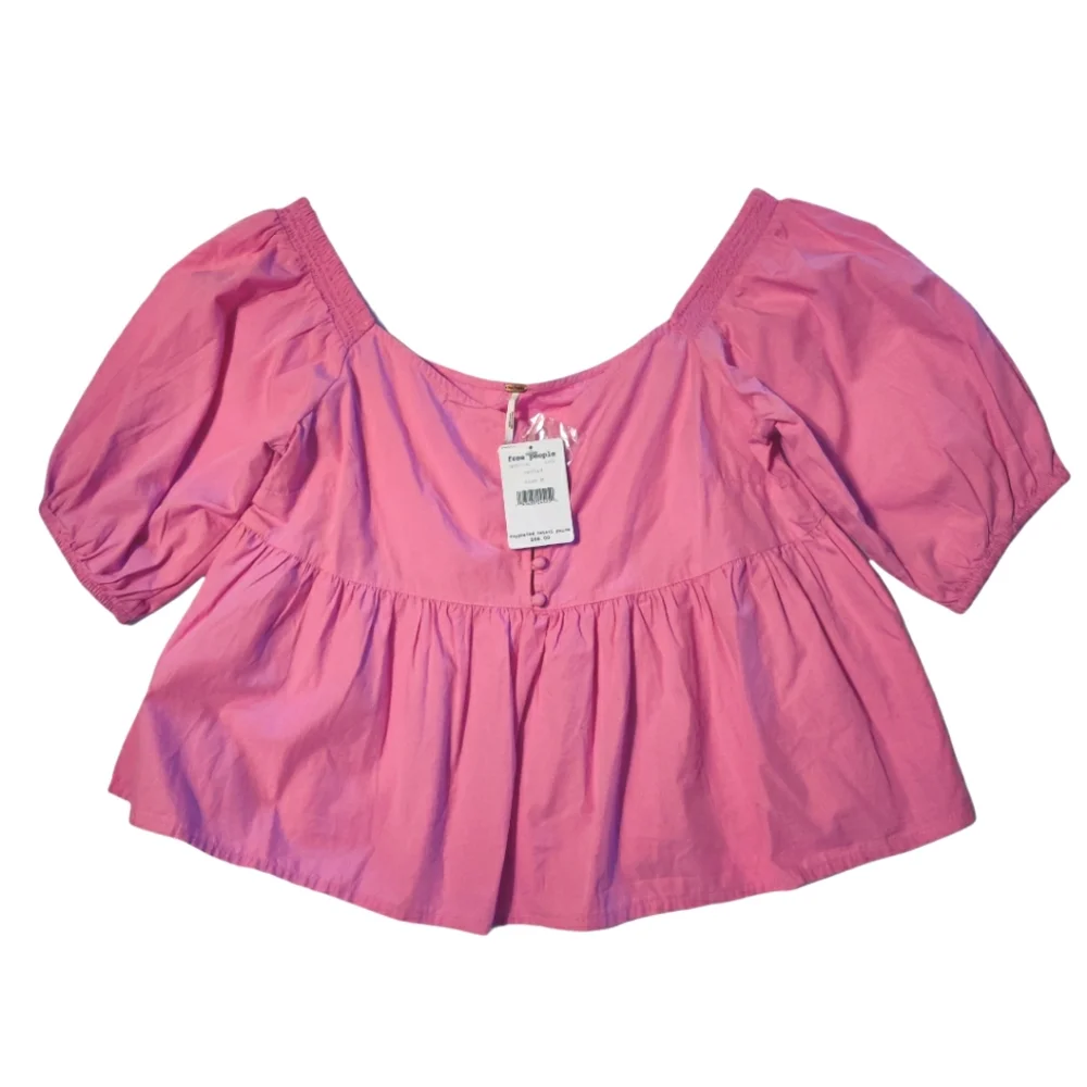 Free People Veronica Poplin Sweetheart Peplum Babydoll Puff Sleeve Blouse - Picture 3 of 15